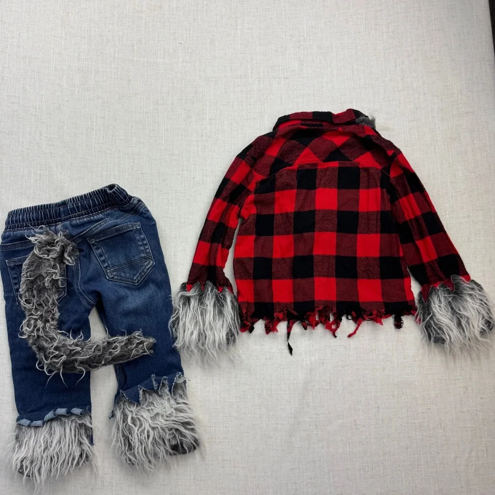 Wonder Nation Cat & Jack Werewolf Costume Kids 4T 2T Red Plaid Faux Fur Wolf Set